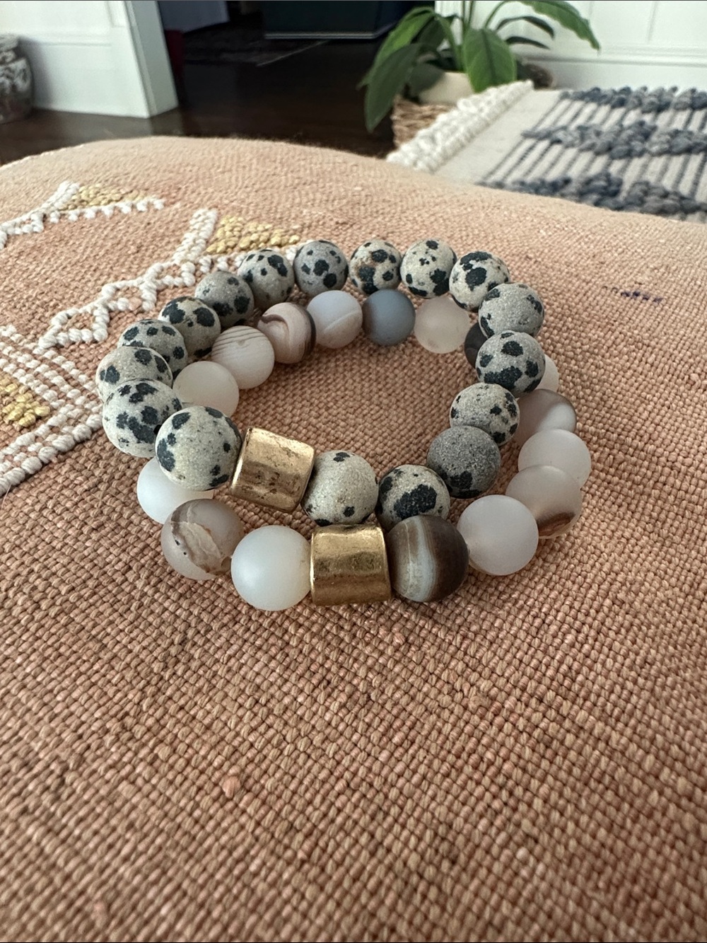 Set of 2 Gemstone Stretch Bracelet with Gold Accent